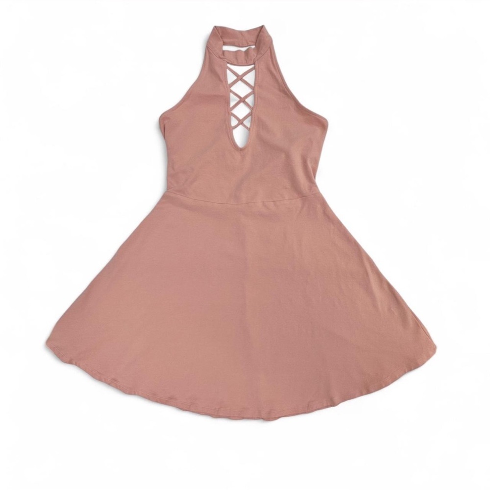 Express Pink Backless Halter Dress criss cross plunging V neck Circle skirt​